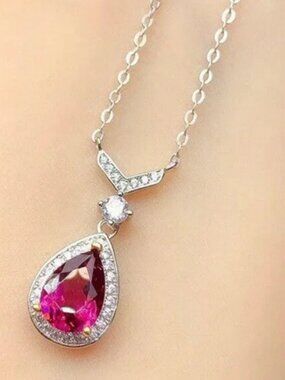 New Beautiful 925 Silver White Sapphire Ruby Teardrop Necklace